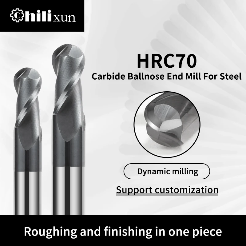 HILIXUN HRC70 Ball Nose End Mill Tungsten Carbide CNC Router Bit 2 Flute Milling Cutter for Stainless Steel and Titanium Alloys