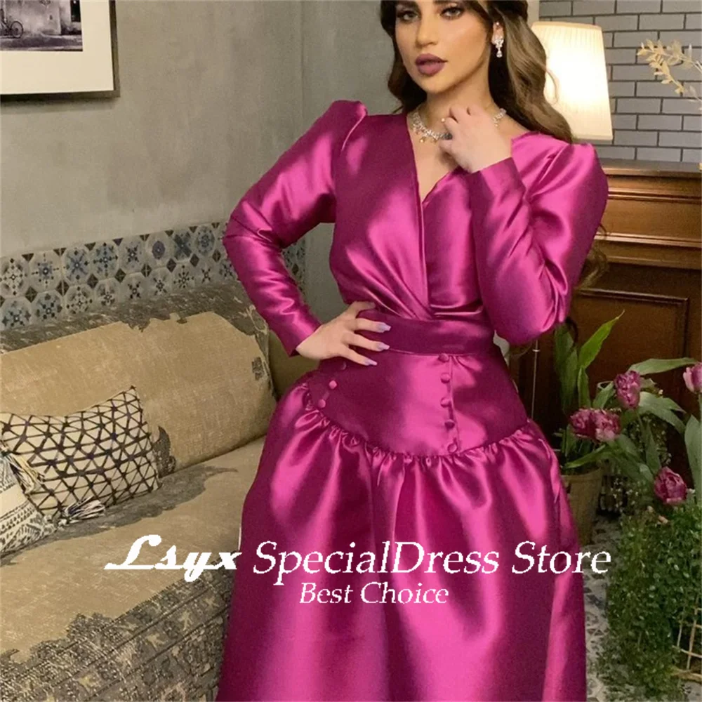 LSYX Solid Color Prom Gown V-Neck Full Sleeves Evening Dresses Elegant A-line Ankle-Length Party Dresses فساتين للحفلات الراقصة