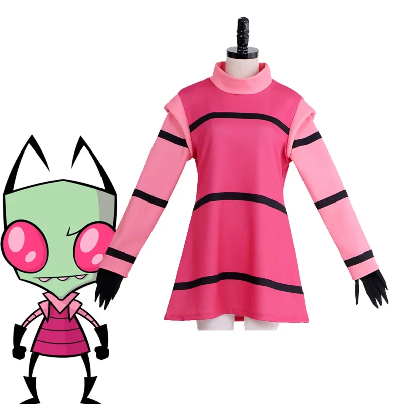 Костюм Аниме Invader для косплея ZIM женское розовое платье в полоску с перчатками для Хэллоуина карнавала ролевых игр сценические наряды для выступлений