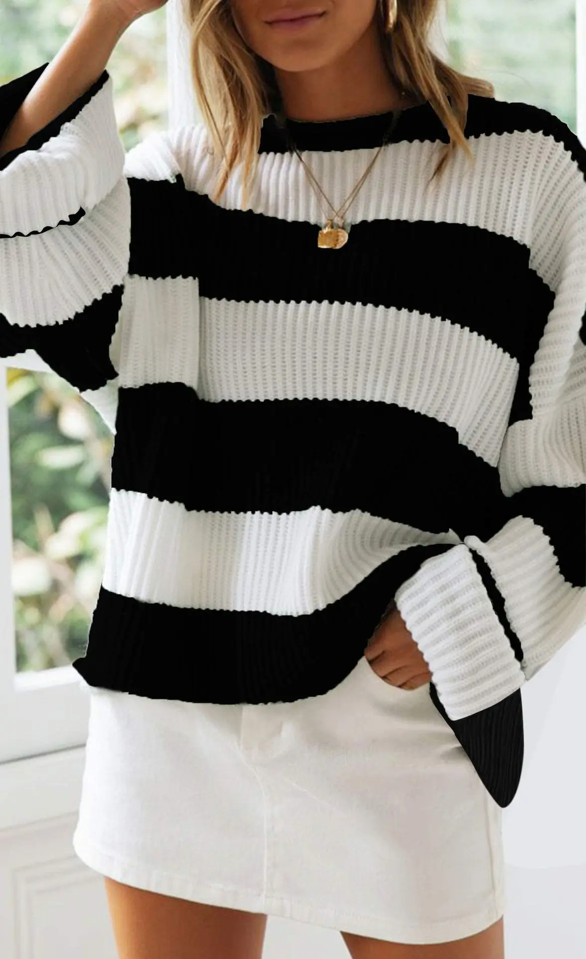 Temperament Crew Neck Long Sleeve Knitwear Women\'s Autumn and Winter Stripes Loose Casual Comfortable Simple Sweater Top Women