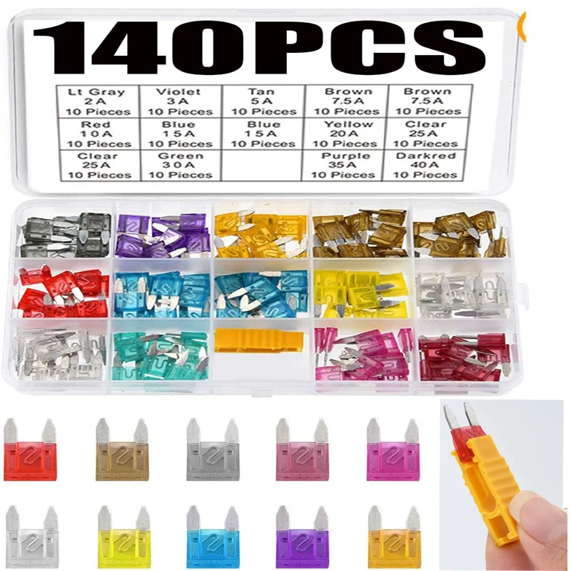 140pcs Mini Car Fuses Assortment Blade Fuse for Auto Car Truck with Storage Case 2A 3A 5A 7.5A 10A 15A 20A 25A 30A 35A 40A