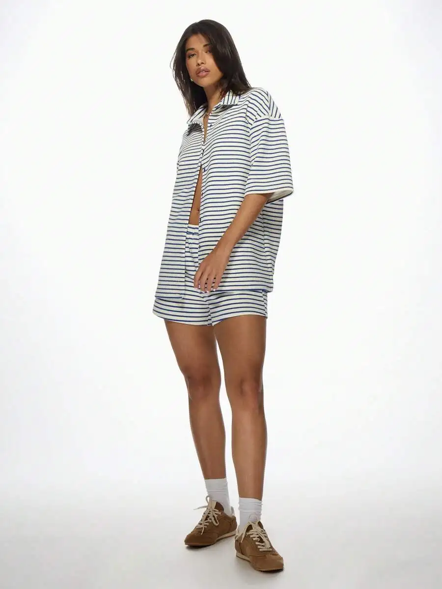 

Striped Terry Cloth Beach Shorts Elastic Waist Summer Vacation Resort Wear