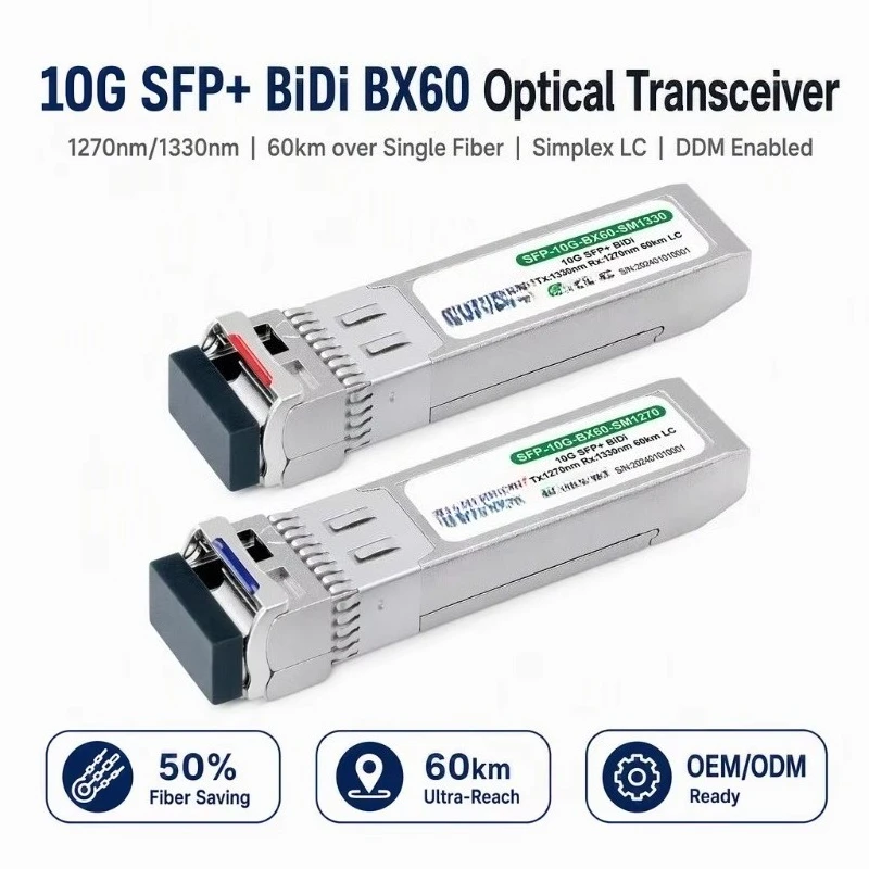 SFP+ 10G BIDI BX60 60km 1270/1330nm Simplex LC SMF DDM Transceiver Module for Cloud Computing for Extreme Networks