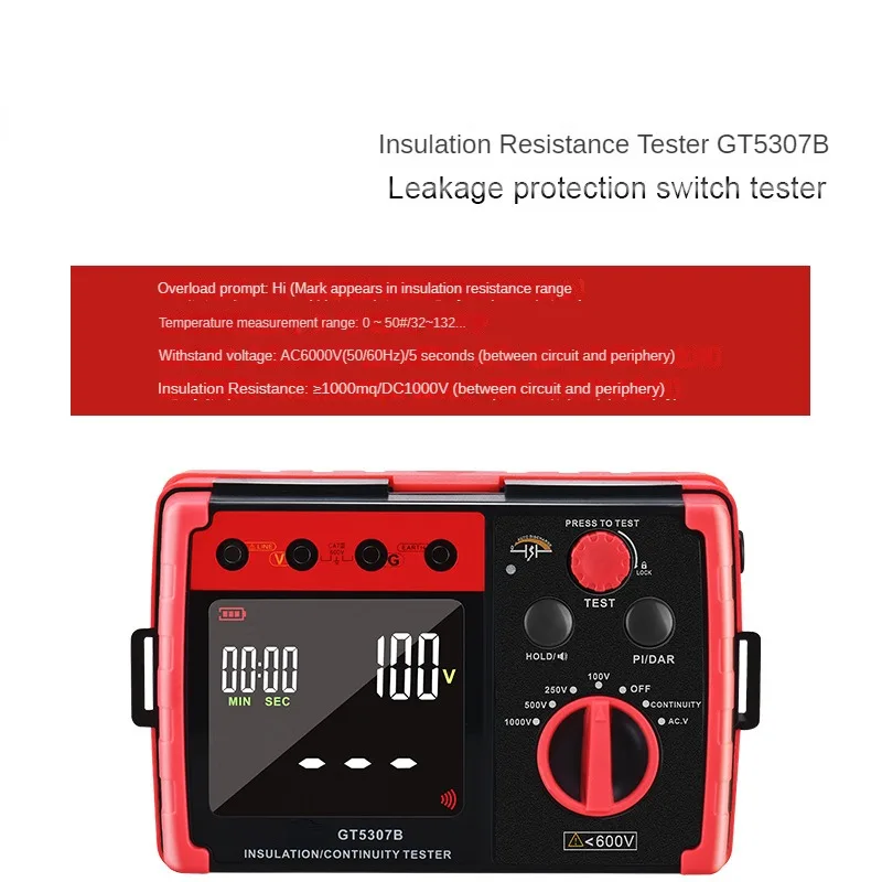 GT5307B Digital Insulation Resistance Continuity Tester High Voltage Short Circuit Megohmmeter LCD Display Ohm Meter Buzzer