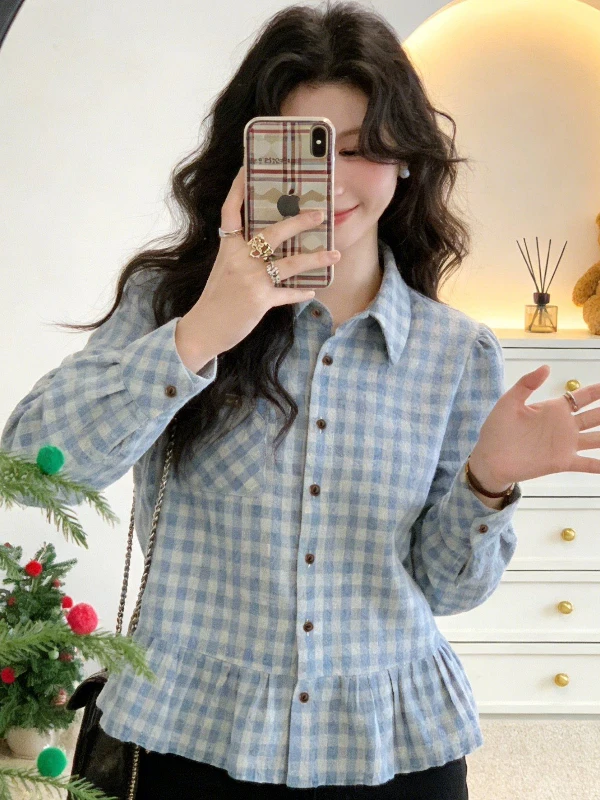 

Ele Plaid Long Sve irt Women's Unique Beautiful Spring plus Size Fitting Waist Concealing Age-Defng Top