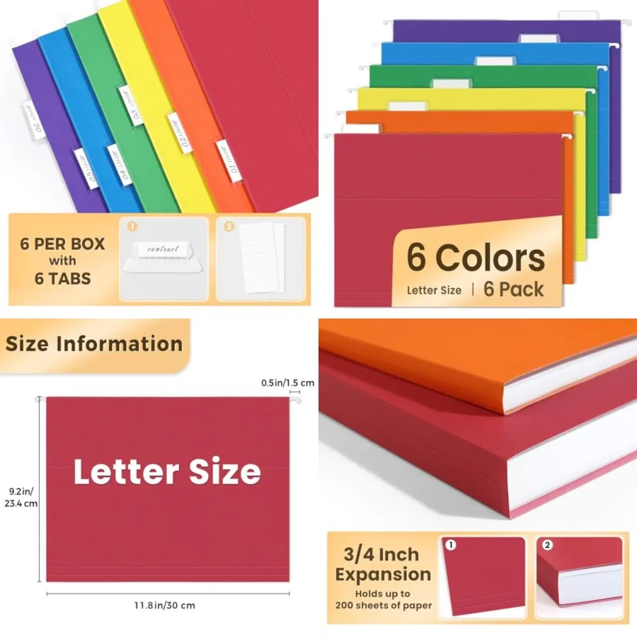 SUNEE Map Gantung 6 Buah Ukuran Letter dengan Tab 1/5-Cut Ideal untuk Organisasi Rumah dan Kantor