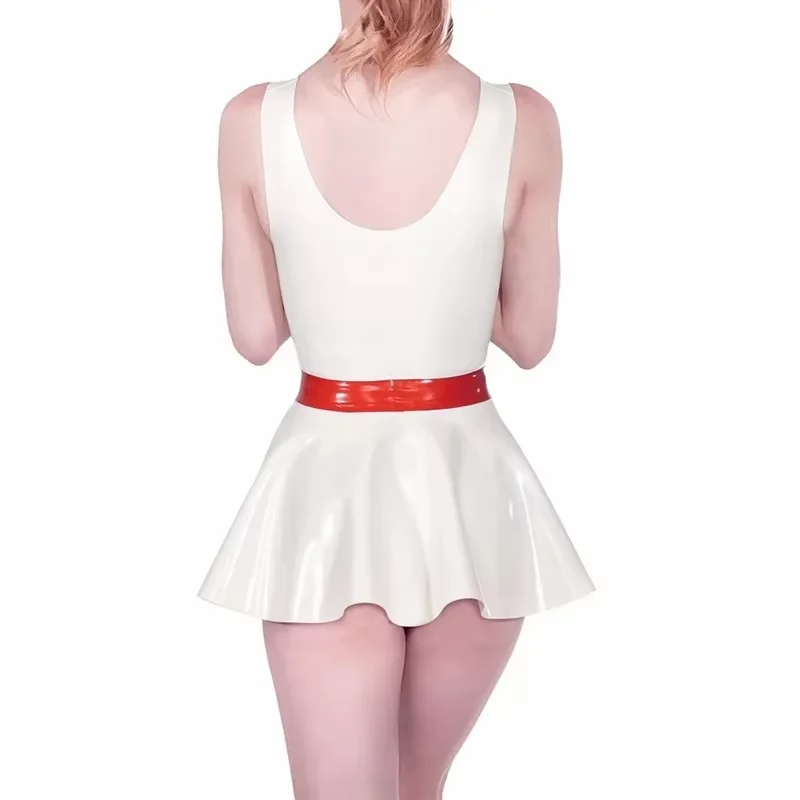 White And Red Sexy Latex Pleated Dress Uniform With Cross Belt Trims Decorations Rubber Bottoms Playsuits