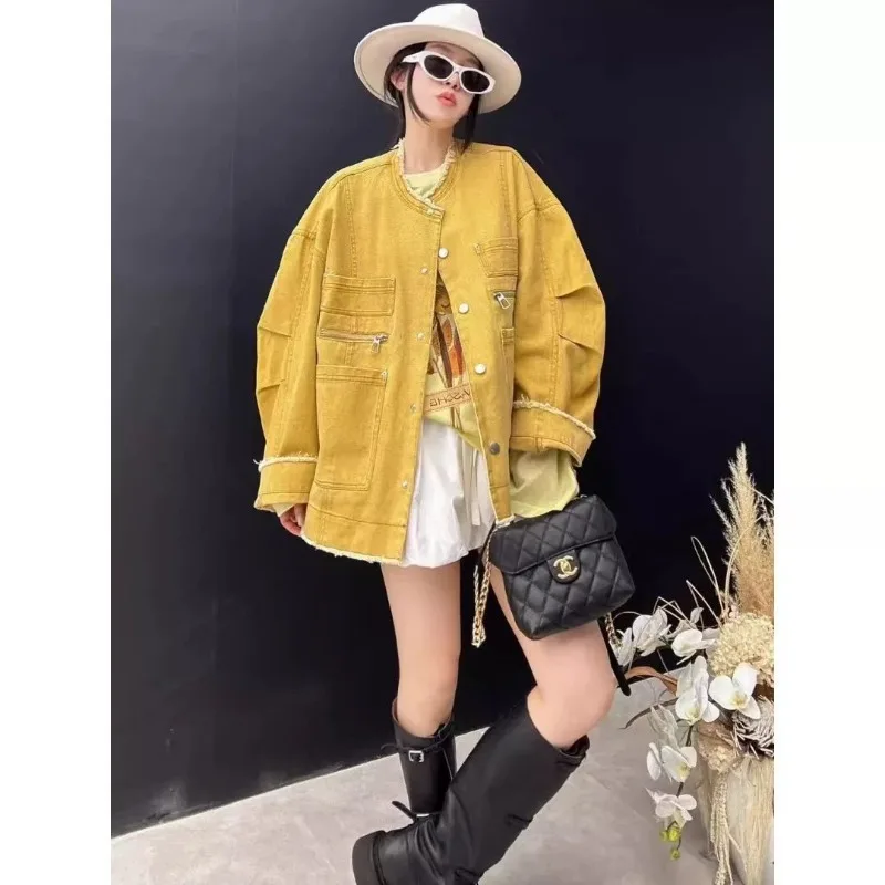 Women's New Jeans Jacket Fashion Frayed Edges Denim Jacket Loose Casual Mid-Length Multiple Pockets Top Denim Shirt Autumn Coat