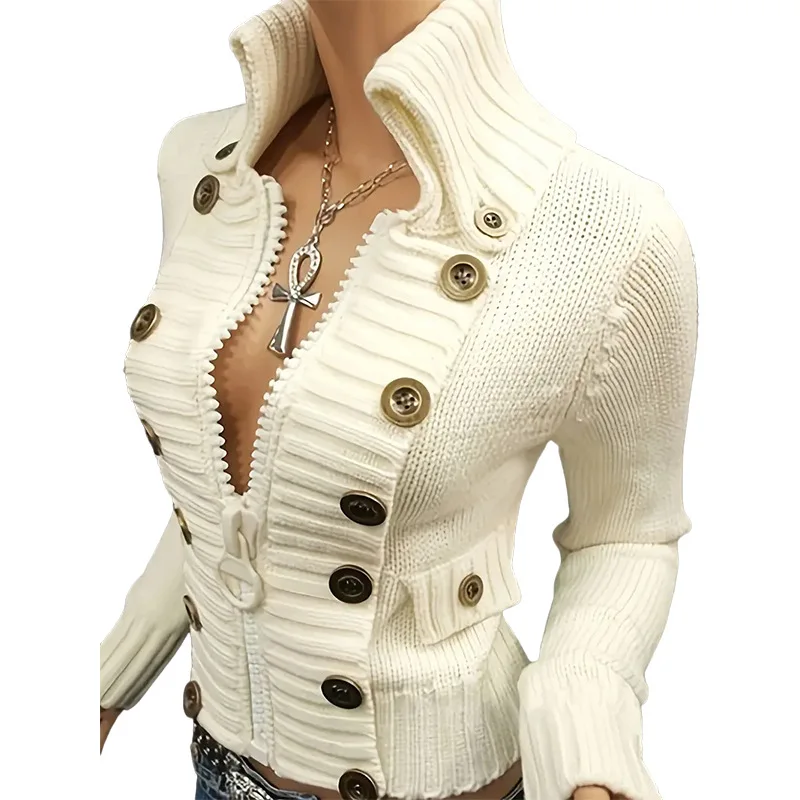 سترة نسائية مثيرة بقصة ضيقة مع سحاب، معطف بلوفر مطاطي مزدوج الصدر للنمط الأوروبي والأمريكي