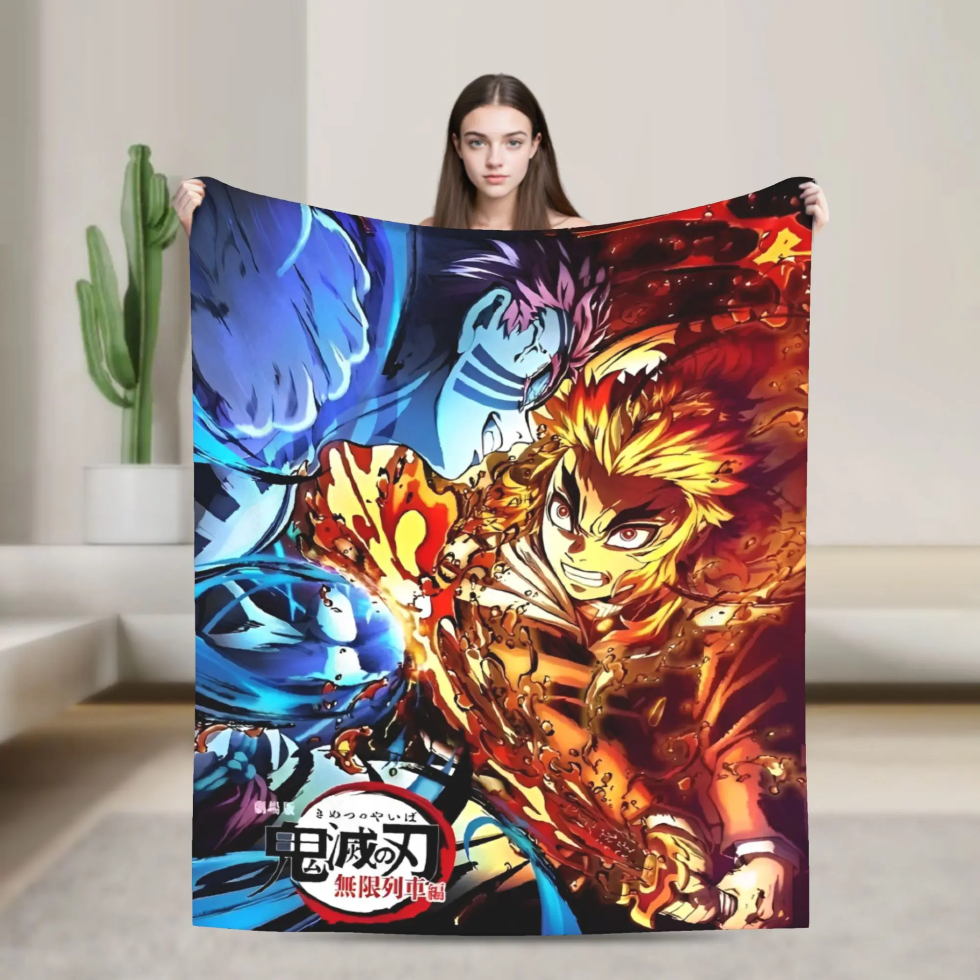 

Anime Demon Slayer Manga Knitted Blanket Kyojuro Rengoku Flannel Throw Blankets Home Couch Ultra-Soft Warm Bedspreads