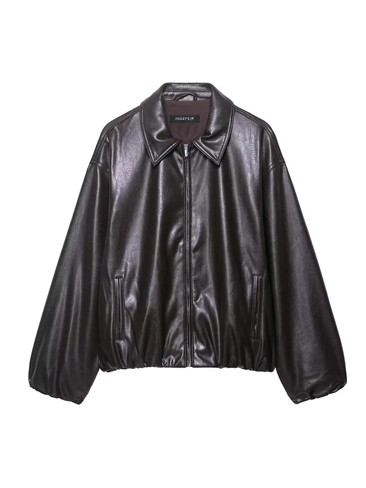 

HH Women's Autumn Fashion Vintage Faux Leather Pilot Lapel Collar Jacket Female Zipper Pocket High Street Casual Coat Mujer