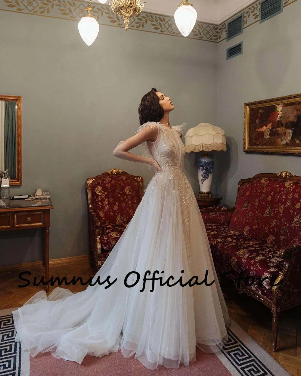 Sumnus luxo a linha branco vestidos de casamento penas lantejoulas contas sem costas princesa vestido de noiva shinny tule longo vestidos de casamento