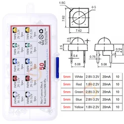 50pcs 5mm LED Piranha Light Emitting Diode Lamp Assortment Kit White Red Green Blue Yellow Bright Color 3V Indicator