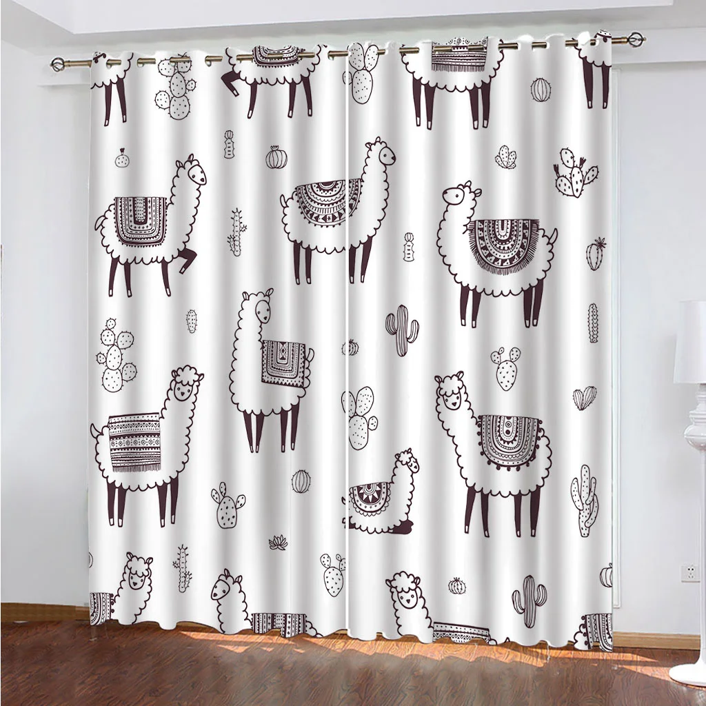 Living Room Drape 3D Print Animal Cartoon Alpaca Style 2 Panel Shading Polyester Window Curtain For Bedroom Living Room Decor