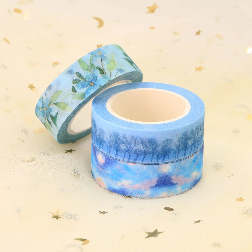 NEW 1PC. Decorative Cats Cups Blue Flowers Forest Paper Washi Tape Set Scrapbooking Planner Adhesive Masking Tape Papeleria