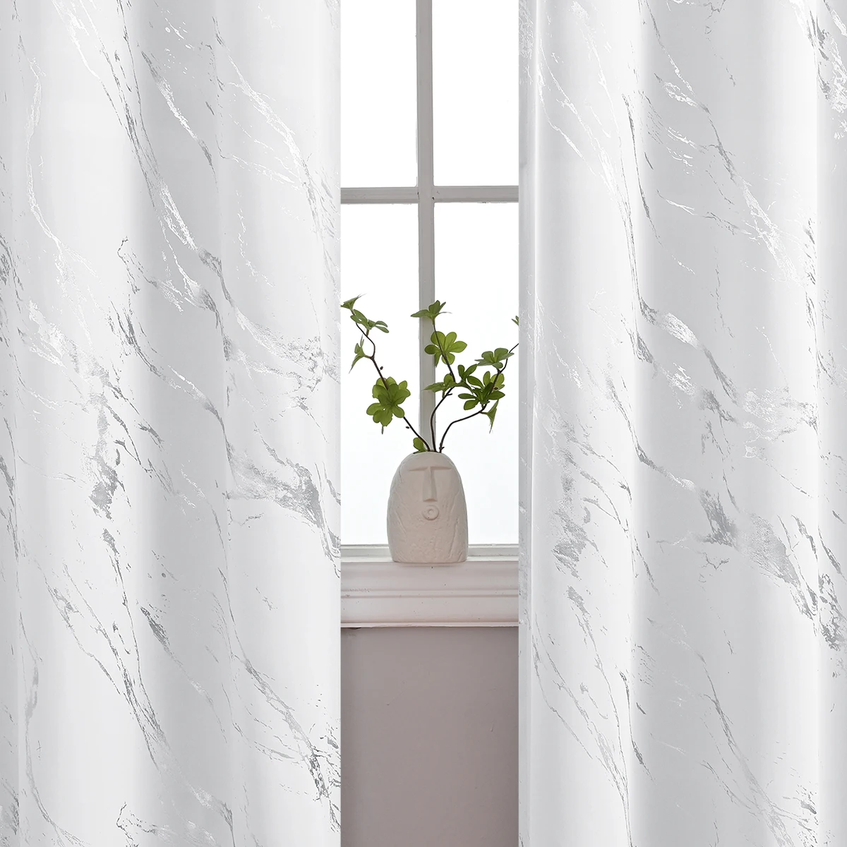 2PCS White Curtains with Silver Foil Stamping & Marble Patterns, Made of High-Precision 100% Light-Blocking Fabric with Grommets