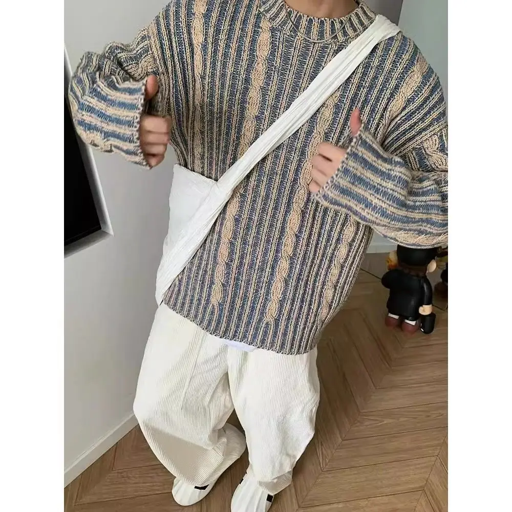 Luxury Fashion Striped Knitted Sweaters Men Autumn Streetwear Y2k Harajuku Vintage Jumper Long Sleeve O-neck Tops Mens T-shirts