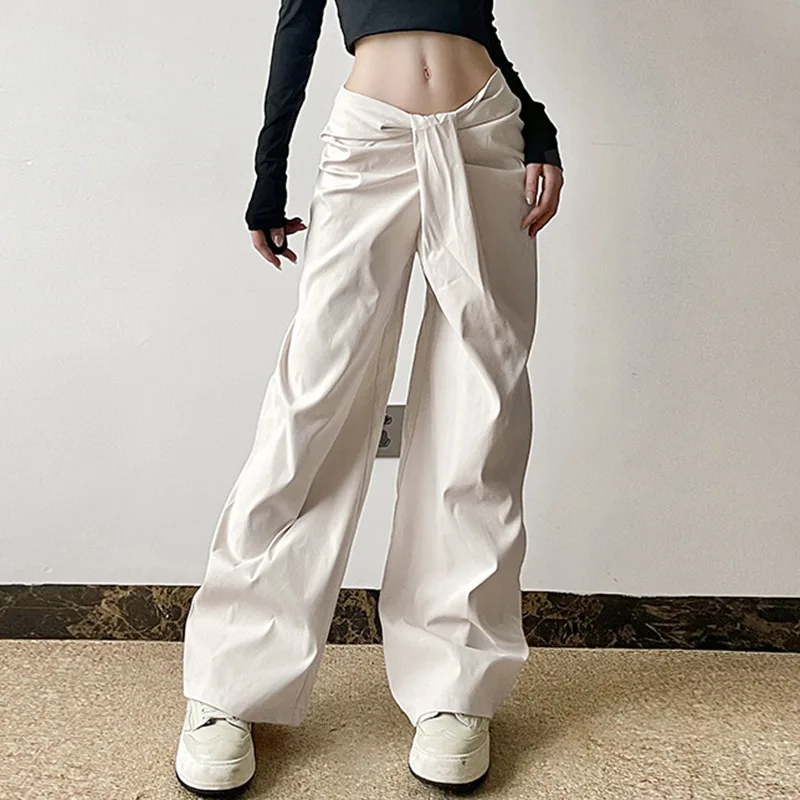 Pantalon taille basse à jambes larges pour femmes, pantalon plissé avec détail de nœud asymétrique, drapé minimaliste tissé, pantalon à taille Paperbag