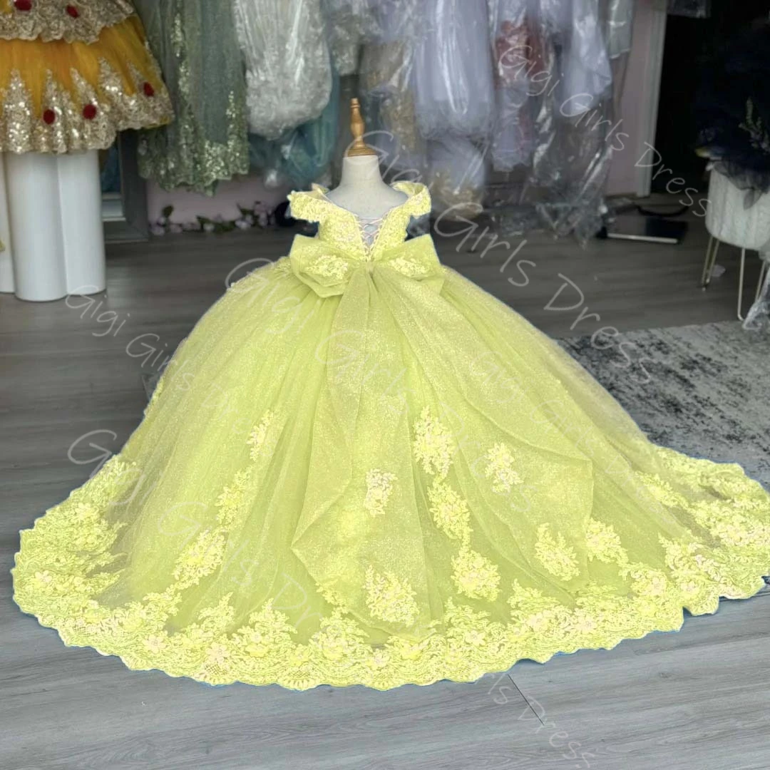 Customized Flower Girl Dress With Bow Beaded Appliques Tulle Princess Pageant Dress Kids Off Shoulder Birthday Party Ball Gown