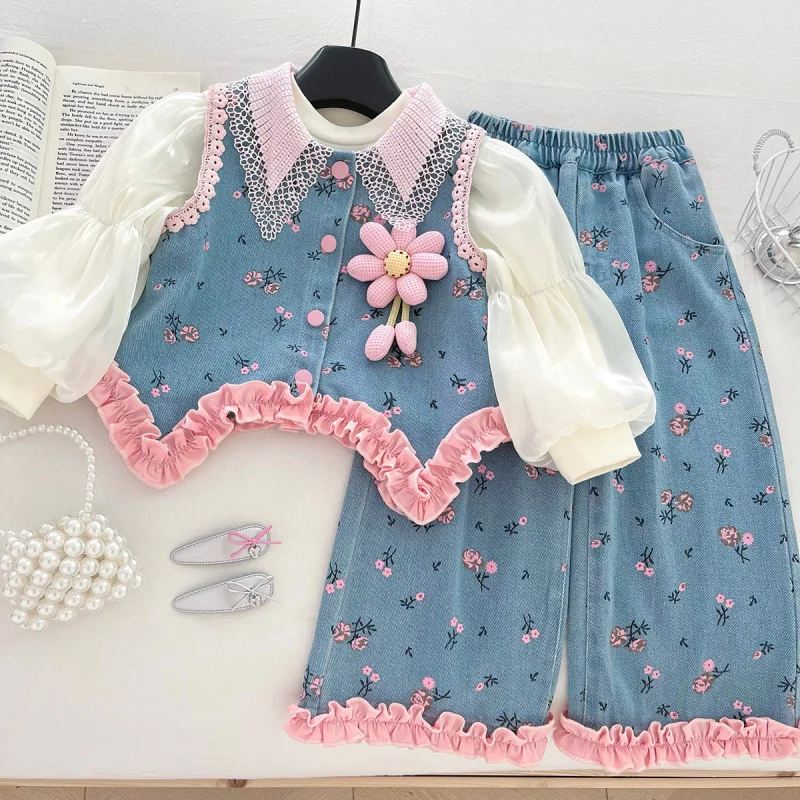 

Baby Girl Outfit2025Autumn New Sweet Floral Ruffled Top Base Shirt Wide-Leg Jeans Three-Piece Set