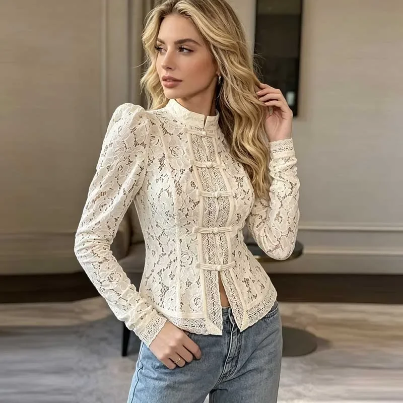 Chinese Style Stand Collar Buckle Fashion Slim Lace Shirt Spring and Autumn Elegant Hollowed Out Women's Long Sleeved Top New