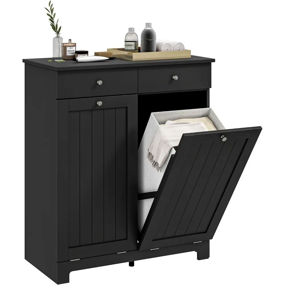 Laundry Cabinet with 2 Removable Baskets, Out Hamper, Black | 2 Ders, 2 Beadboard Do, Bathroom Hamper Cabinet