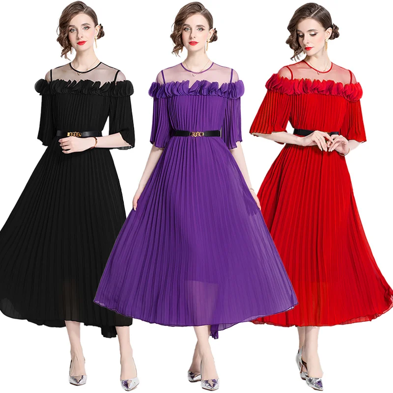 2024 Summer-autumn Mesh Splicing Three-dimensional Petal Pleated Dress Heavy Industry Temperament Pleated Skirt