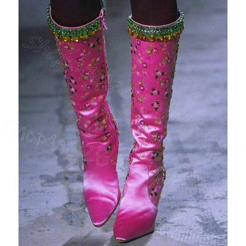 

Rose Red Silk Floral Embroidery Crystal Decor Boots Side Zipper Women Shoes Thin High Heel Party Runway 2025 Zapatos Para Mujere