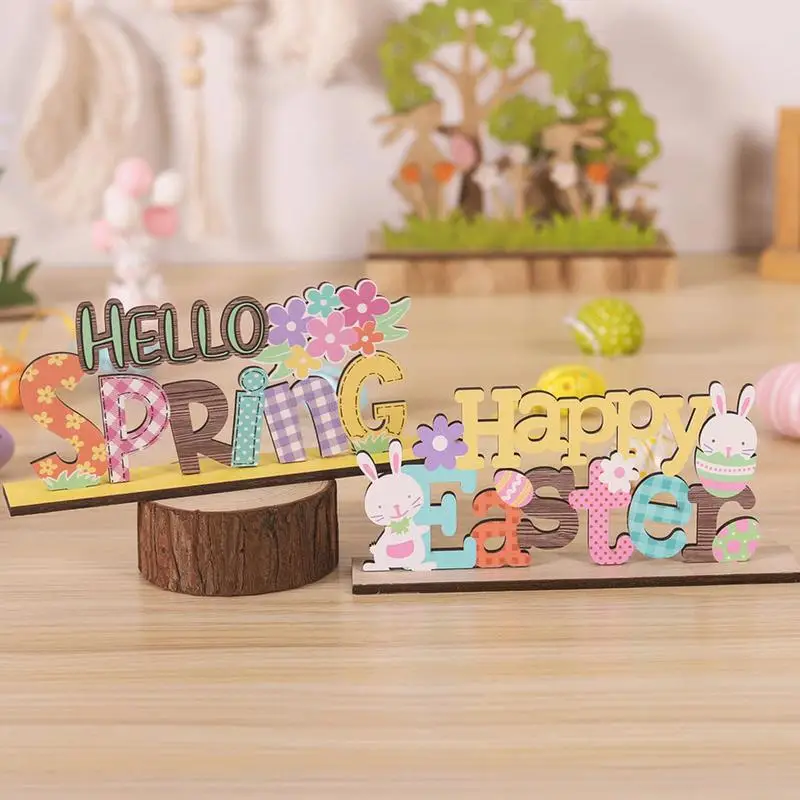 Happy Easter Wooden Sign Easter Flower Bunny Wooden Sign Collectible Craft Decor Holiday Favor Rabbit Table Centerpiece for