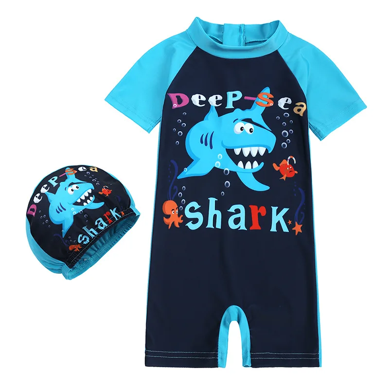 1-8Y 2pcs/set Boys One Piece Swimming Suit for Baby Infant Toddler Swim Surf Wear Child Kids Dinosaur Shark Print With Cap