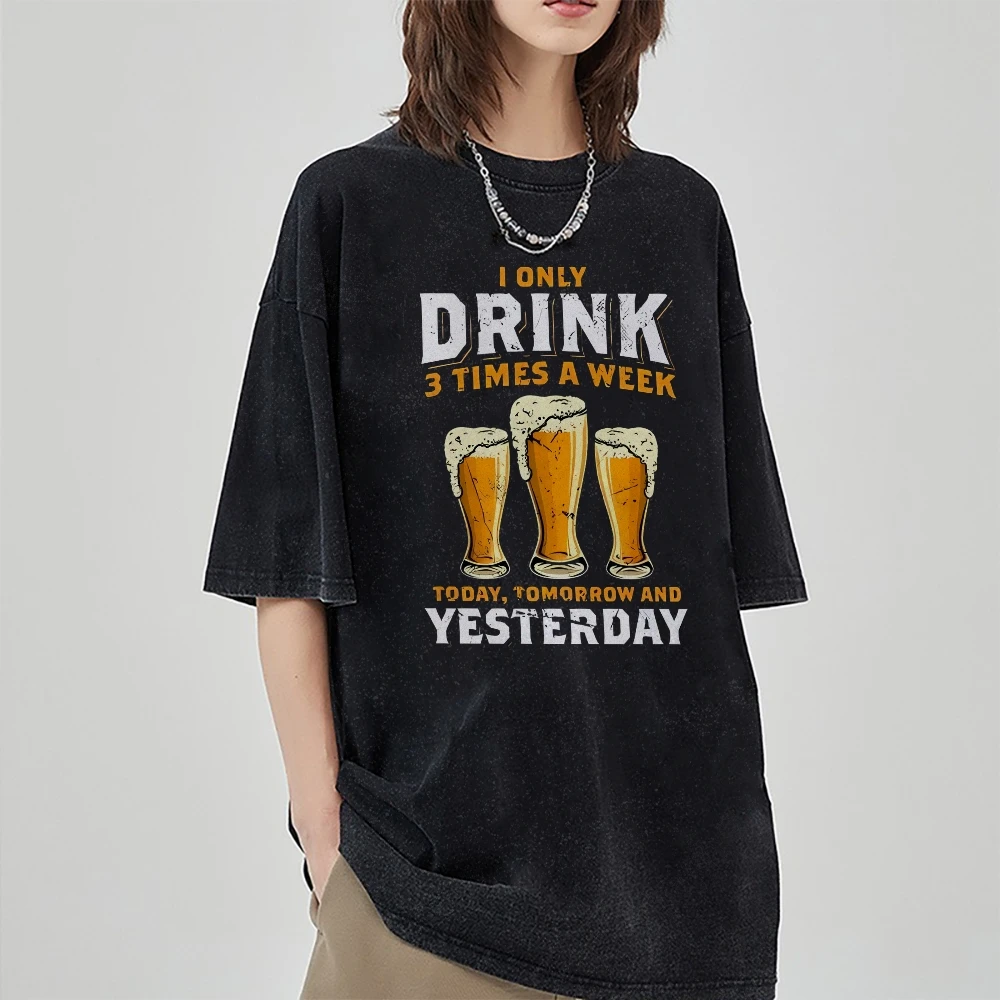 Plus Size Unisex Fit Beer Print Pattern Y2K Graphic Tee Washed T-Shirt For Woman 100% Cotton 2024 Summer Discount Cheap Things