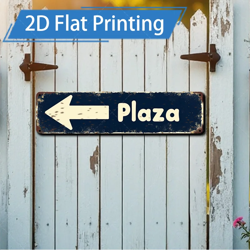 [2D FLAT] علامة معدنية قطعة واحدة، علامة معدنية ريفية مقاس 4 × 16 بوصة "Plaza" ديكور سهم اتجاهي
