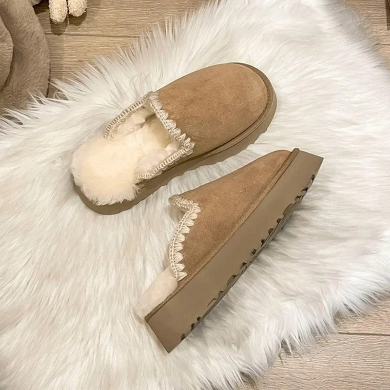 Fur Shoes Mules For Women 2023 House Slippers Platform Med Cover Toe Slides Plush Flat Rome Fabric Rubber PU Shearling Snow