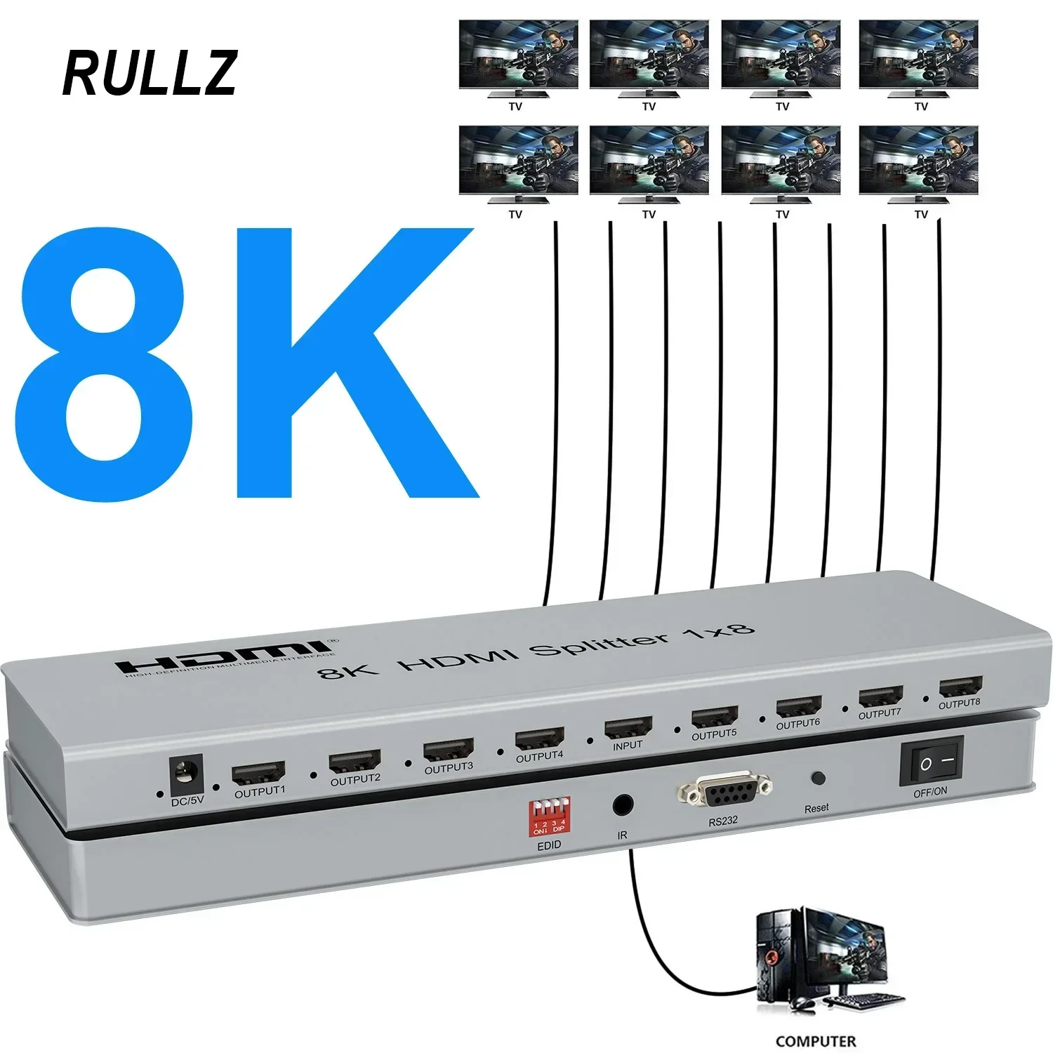 8K 60Hz HDMI Splitter 1 in 8 Out 1x8 HDMI Splitter Audio Video Distributor Converter 3D for PS4 Camera Laptop PC To TV Monitor