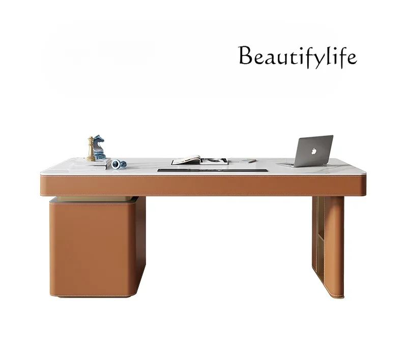 

Light Luxury Saddle Leather Desk Modern Minimalist Study Designer High-End Desk Computer Table Stone Plate Writing Desk