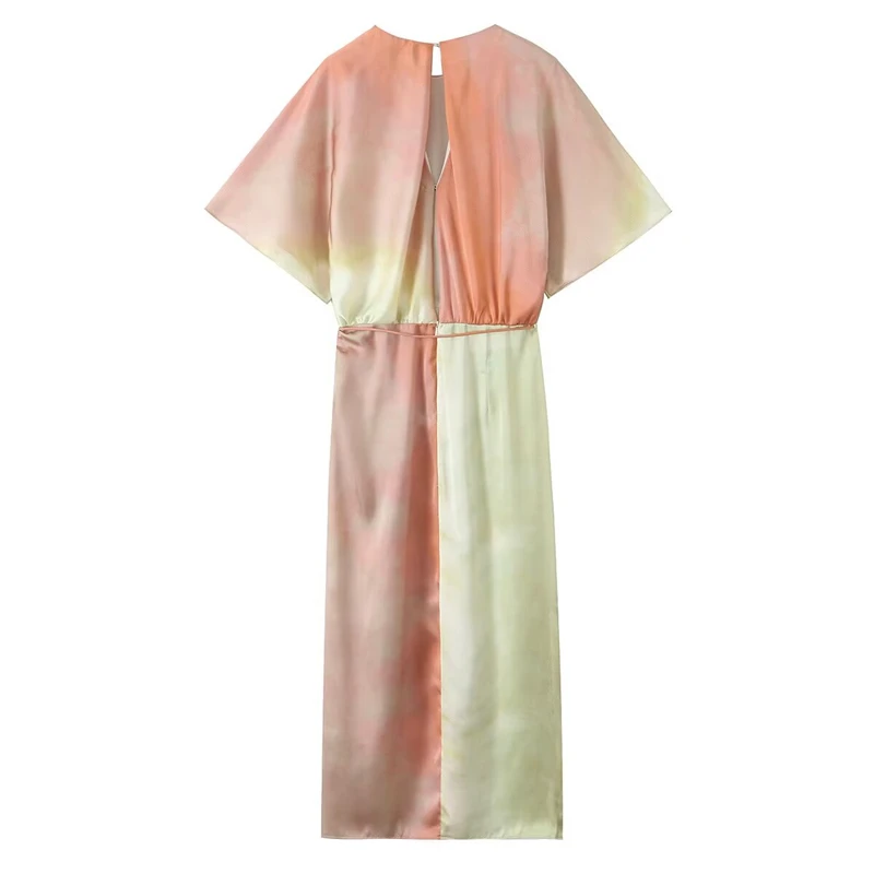 KEYANKETIAN 2025 여름 새 여성 넥타이 염색 인쇄 새틴 미디 드레스 오-넥 Batwing 슬리브 레이스 업 패션 발목 길이 드레스