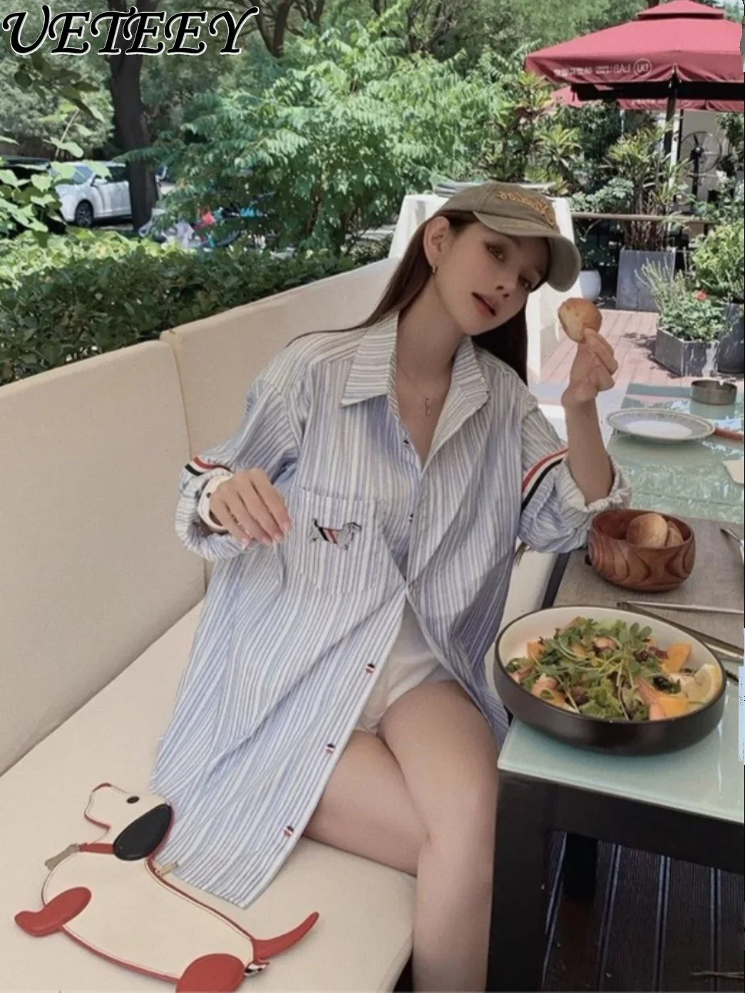 

Blue Striped Shirt Women's Summer New Design Sense Western Style Youthful-Looking Coat Casual Loose Sun Protection Top