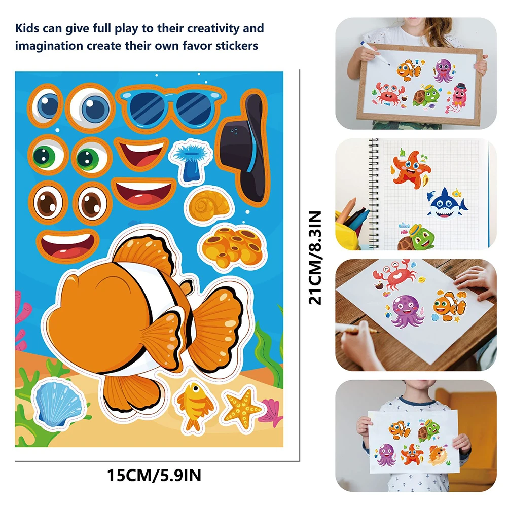 8/16Sheets Ocean Animals Make a Face Puzzle Stickers Cute Octopus Turtle Shark Funny Kids Assemble Jigsaw Children DIY Toys Gift