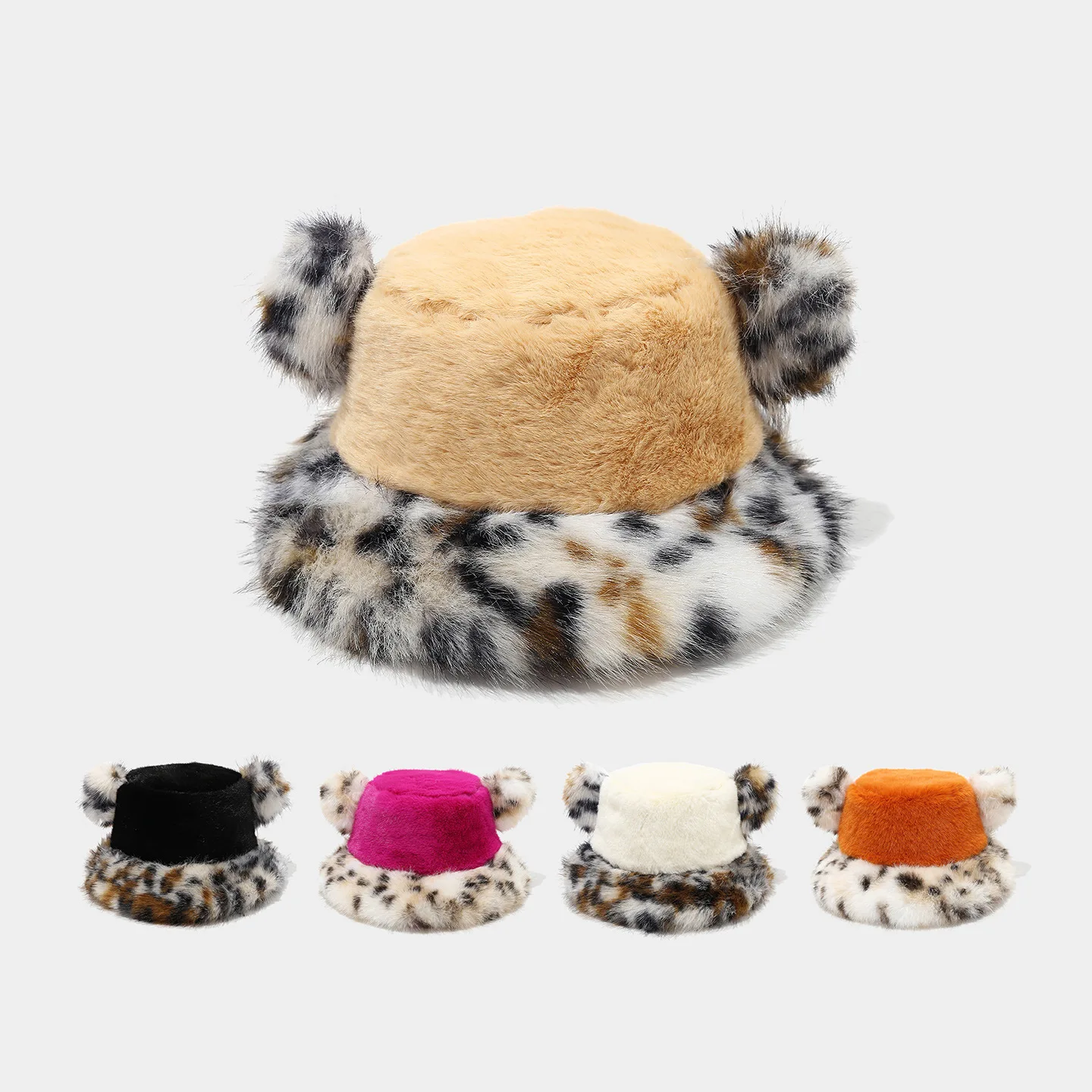 Internet Celebrity Street Fashion Fisherman Hat Leopard Print Fur Ball Versatile Warm Hat Color Blocking Spliced Plush Basin Cap