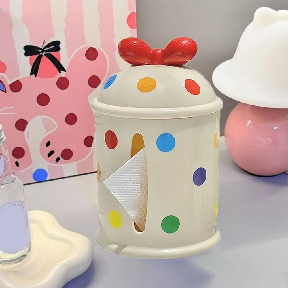 

Creative Dopamine Bow Tissue Box Round Side Exit Desktop Paper Box Decorative Plastic Paper Towel Organizer Bedroom