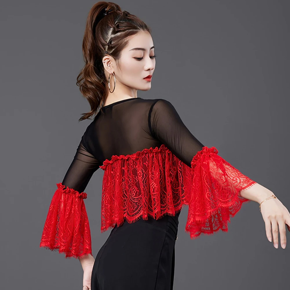 シャツダンス服 レディース トップス トランペットスリーブ グレーブルー ボールルームダンス 新スタイル ジャンプスーツ レッド ラウンドネック モダンダンストップ