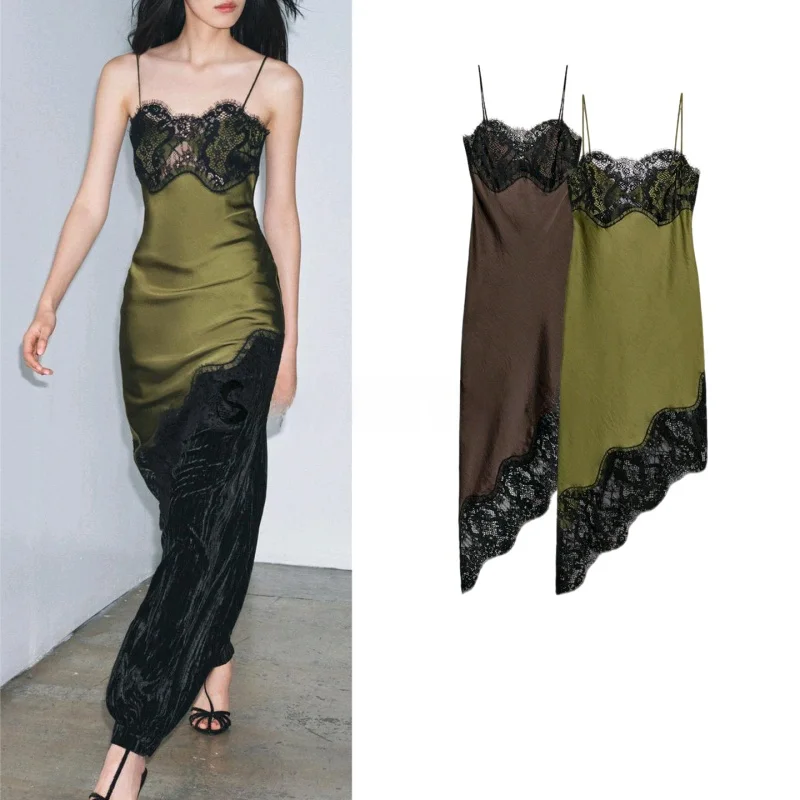 Asymmetric Color Blo Lace Trim Silk Satin Feel Dr Women's Faion Commute Sle No Sve round Ne Bodycon Dr