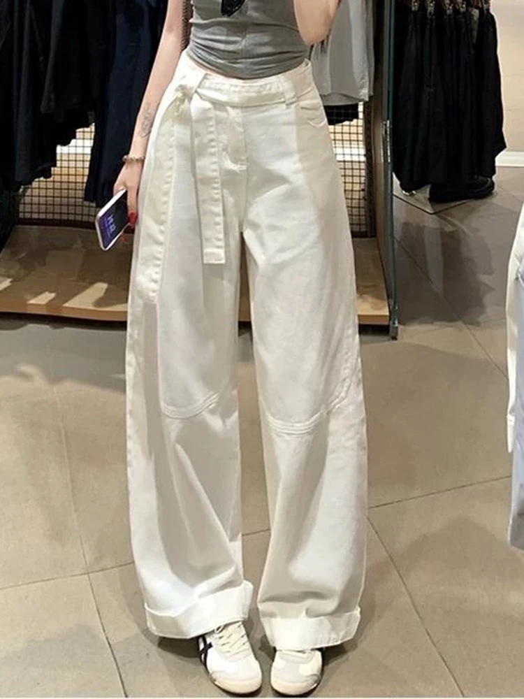 

Summer Women White Ribbon Wide Leg Jeans High Waist Loose Fit Floor Length Slimming Pants