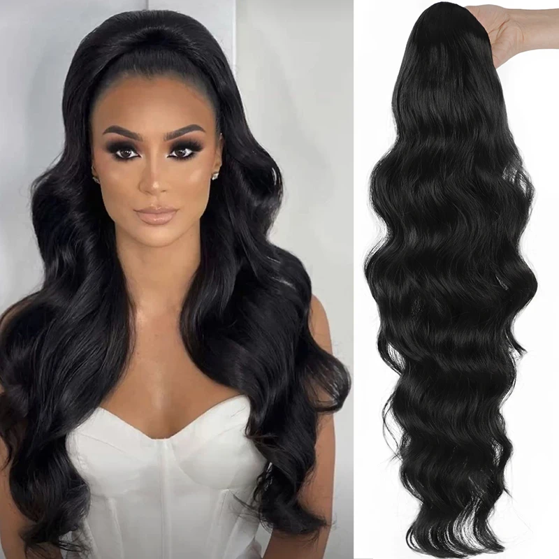 Black Body Wave Ponytail Extensions Long Wavy False Hair Ponytail Natural Synthetic Curly Wave Horse Tail for Women Hairpiece