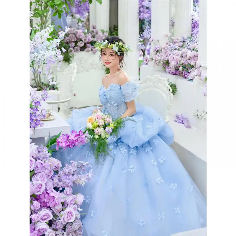 Blue Strapless Wedding Dress French Sweet Flower Bride Student Coming Of Age Ceremony Birthday Fluffy Princess Dress Customized