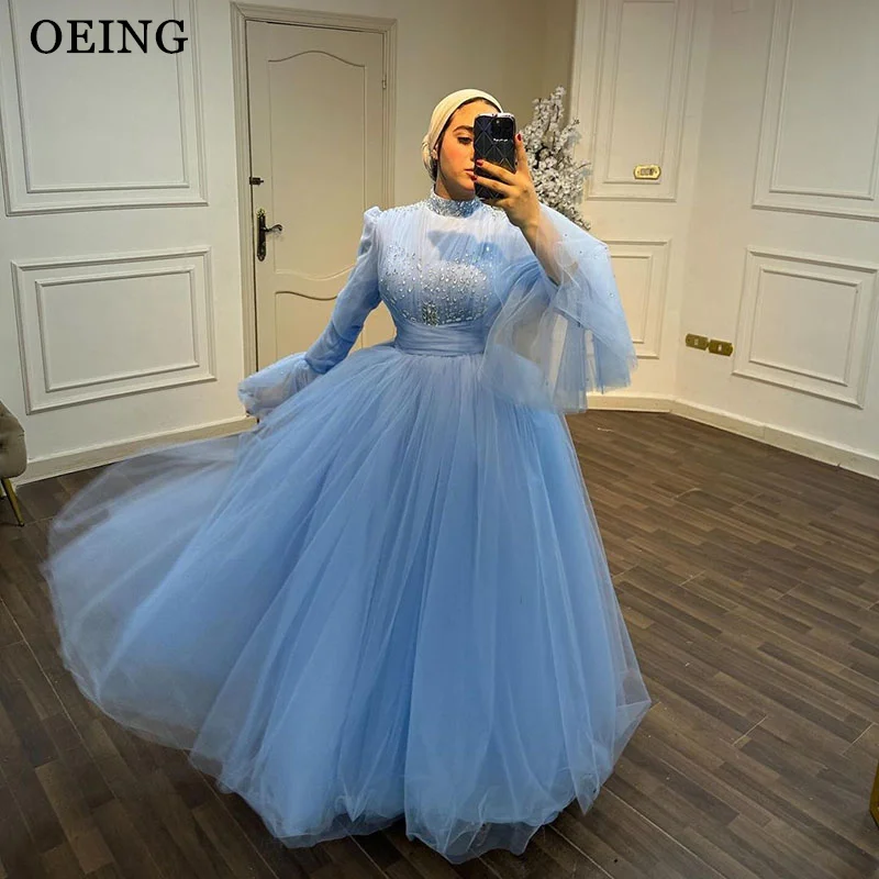 

OEING A-Line Sky Blue Prom Dresses Long Sleeves Party Gowns Pleats Floor-Length Soft Tulle Dress Customized فساتين سهرة