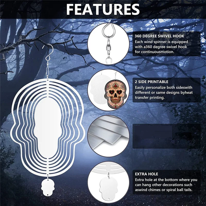 

2525 + 4 упаковки сублимационных заготовок для ветра, 3D алюминиевая скульптура в форме черепа на ветру для дворов и сада