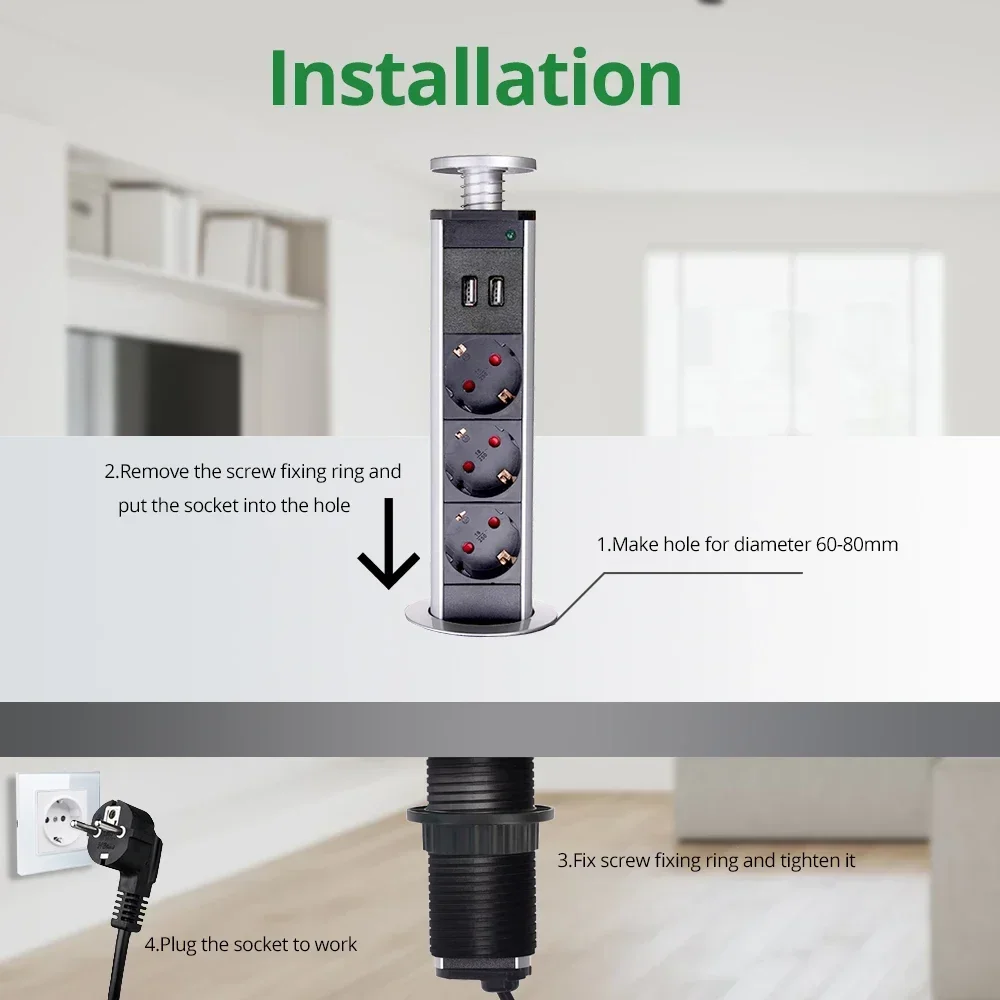 Retractable Wallpad Pop Up Desktop Socket 3 Outlets 2.4A USB Ports 2M Extension Plug Aluminum Body For Kitchen Table