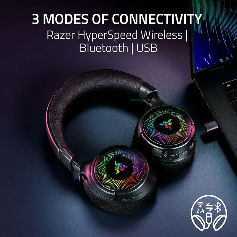 Razer Kraken V4 Wireless Gaming Headset -3 Modes of Connectivity Retractable HyperClear Super Wideband Mic - 9 Zone RGB Lighting