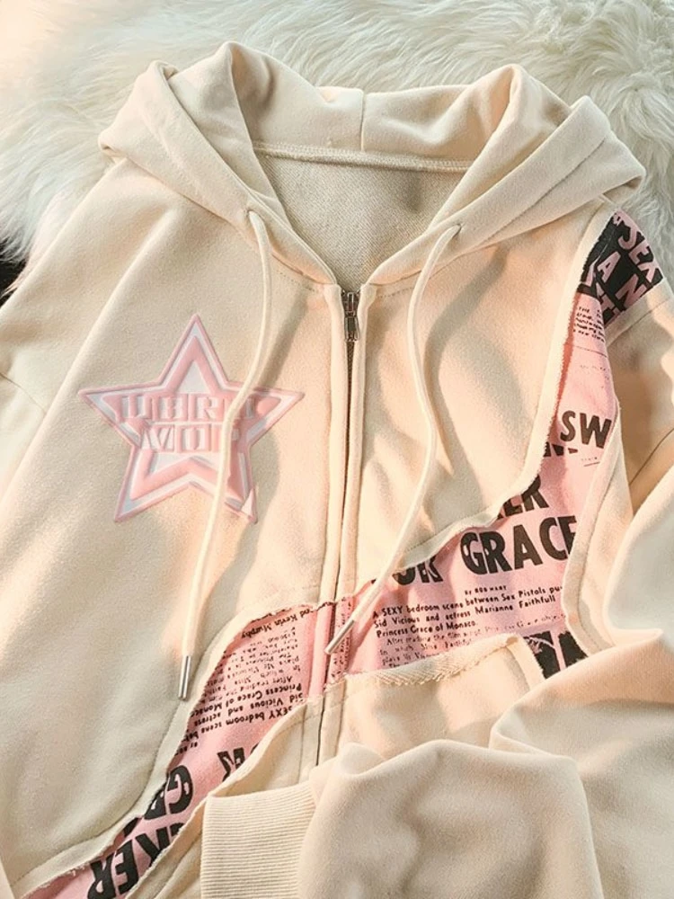 Kpop Hip Hop Sweatshirt Tops Zipper Jackets Coats Clothes Y2K Women Vintage Korean Streetwear Zip Up Star Hoodies Harajuku